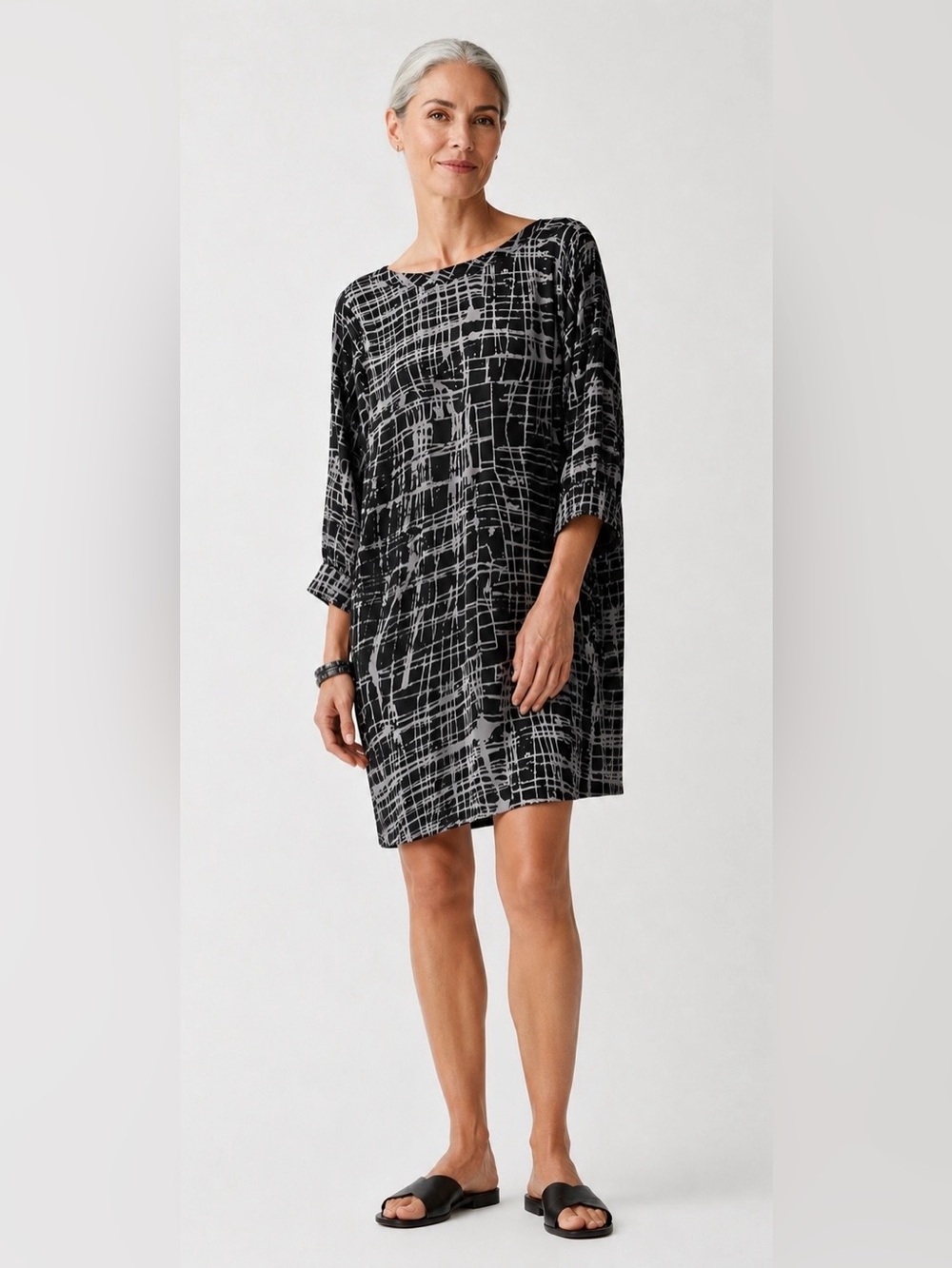 100% Silk Black Gray Abstract Print Mini Shift Dress Scoop Back Balloon Sleeve L
